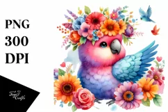 Colorful Cartoon Parrot with Flower Crown Clipart Product Image 1