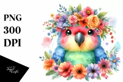 Colorful Cartoon Parrot with Flower Crown Clipart Product Image 1