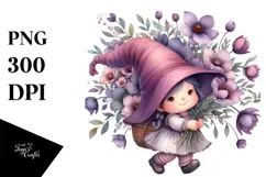 Watercolor Cute Baby Gnome with Violet Ornament PNG Product Image 1