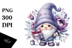Watercolor Cute Baby Gnome with Violet Ornament PNG Product Image 1