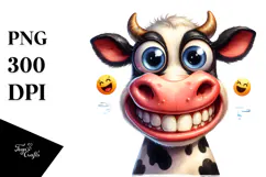 Watercolor Funny Crazy Cow Portrait with Big Eyes and Goofy Product Image 1