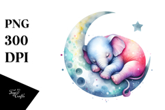 Colorful Watercolor Elephant Sleeping on the Moon | Product Image 1
