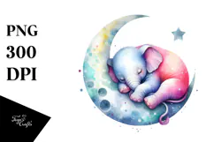 Colorful Watercolor Elephant Sleeping on the Moon | Product Image 1