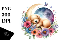 Wimsical Puppy Sleeping on the Moon Clipart Product Image 1