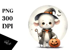 Cute Lamb Halloween Moon Watercolor PNG Product Image 1