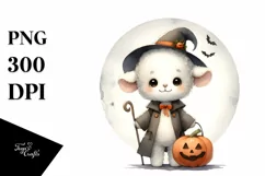 Cute Lamb Halloween Moon Watercolor PNG Product Image 1