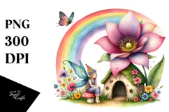 Watercolor Illustration Fairy House Rainbow Clipart Product Image 1