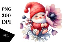 Watercolor Cute Baby Gnome with Anemone Ornament PNG Product Image 1