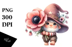 Watercolor Cute Baby Gnome with Anemone Ornament PNG Product Image 1