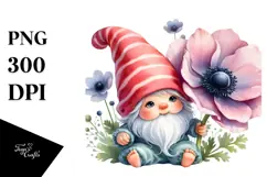 Watercolor Cute Baby Gnome with Anemone Ornament PNG Product Image 1