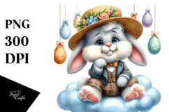 Pastel Watercolor Bunny with Vintage Hat and Sunglasses PNG Product Image 1