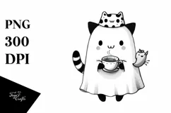 Simple Halloween Cute Ghost with Animal Print and Tea PNG Product Image 3