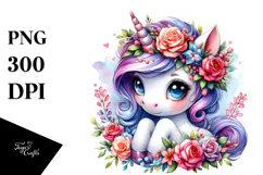 Cute Unicorn with Floral Wreath PNG Product Image 1