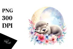 Baby Otter Sleeping on the Moon Clipart Product Image 1