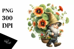 Gnome with Nasturtium Flower Bouquet Watercolor | Clipart Product Image 1