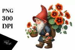 Gnome with Nasturtium Flower Bouquet Watercolor | Clipart Product Image 1