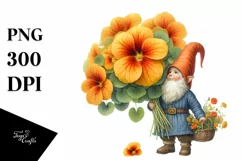 Gnome with Nasturtium Flower Bouquet Watercolor | Clipart Product Image 1