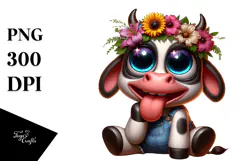 Exaggerated Cartoon Cow with Flower Crown PNG Product Image 1