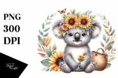 Funny Baby Koala Sunflower Wreath Clipart Product Image 1