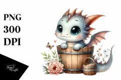 Cute Baby Dragon in Bucket, Watercolor PNG Product Image 1