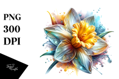 Detailed Glossy Daffodil in Watercolor Splash | Sublimation Product Image 1