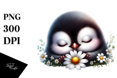 Digital Watercolor of Baby Penguin Sleeping on Flower PNG Product Image 1