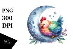 Colorful Watercolor Chicken on Moon Clipart Product Image 3