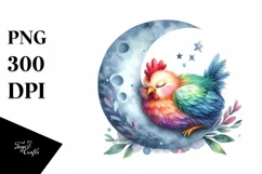 Colorful Watercolor Chicken on Moon Clipart Product Image 3