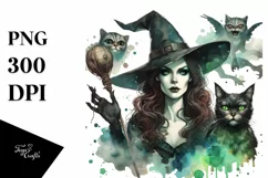 Retro Witch with Cat Clipart, Transparent PNG Product Image 1