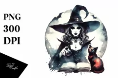 Retro Witch with Cat Clipart, Transparent PNG Product Image 1
