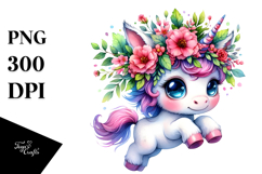 Vibrant Drawing of a Cute Baby Unicorn with Floral Wreath Product Image 1