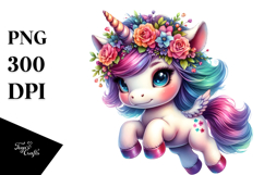 Vibrant Drawing of a Cute Baby Unicorn with Floral Wreath Product Image 1