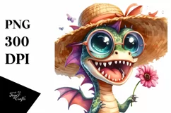 Watercolor Dragon with Sun Hat, Transparent PNG Product Image 1