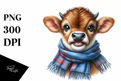 Watercolor Baby Cow Portrait with Scarf Product Image 1
