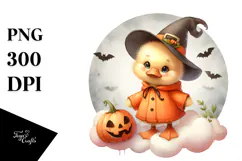 Cute Baby Duck Halloween Retro Cloud Watercolor PNG Product Image 1