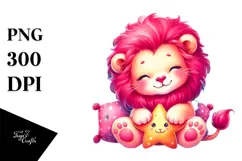 Cute Baby Lion Cuddling Star PNG Product Image 1