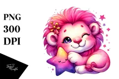 Cute Baby Lion Cuddling Star PNG Product Image 1
