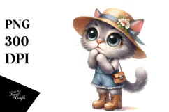 Watercolor Cat with Big Eyes and Sun Hat Product Image 1