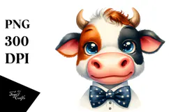 Funny Baby Cow with Bow and Tie PNG Product Image 1