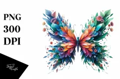 Vibrant Butterfly with Plant Leaves and 3D Flowers, PNG Product Image 1