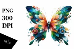 Vibrant Butterfly with Plant Leaves and 3D Flowers, PNG Product Image 3