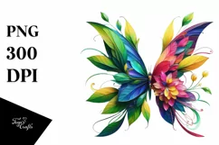 Vibrant Butterfly with Plant Leaves and 3D Flowers, PNG Product Image 3