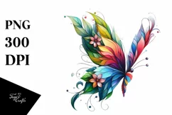 Vibrant Butterfly with Plant Leaves and 3D Flowers, PNG Product Image 1