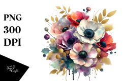 Colorfull Anemone Gold Foil Bouquet | Sublimation Clipart Product Image 1