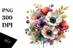 Colorfull Anemone Gold Foil Bouquet | Sublimation Clipart Product Image 1