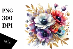 Colorfull Anemone Gold Foil Bouquet | Sublimation Clipart Product Image 1