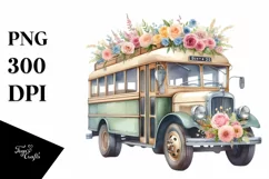 Watercolor Vintage Bus with Flowers | Clipart Product Image 3