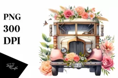 Watercolor Vintage Bus with Flowers | Clipart Product Image 3