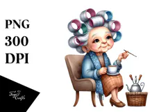 Old Lady Character Tea Cup Watercolor Clipart Product Image 1