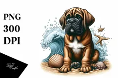 Watercolor Mastiff Sitting by Sand and Surf Product Image 1